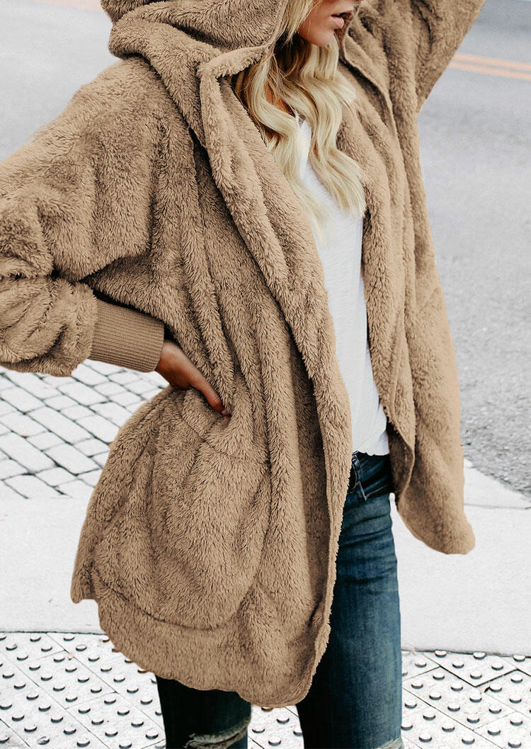 

Coats Winter Pocket Plush Long Sleeve Hooded Coat in Khaki. Size