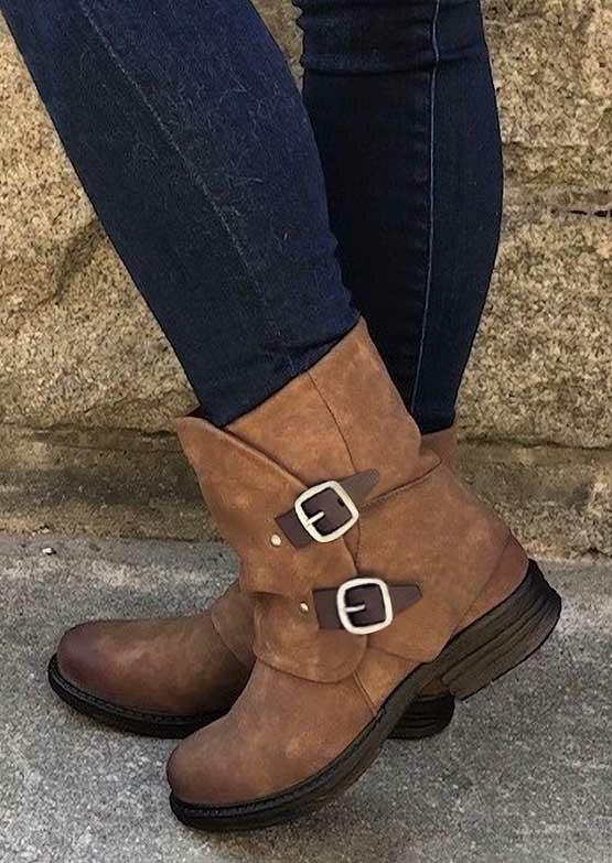 Zipper Buckle Strap Chunky Heel Ankle Boots - Light Brown