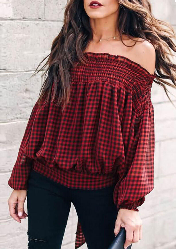 Blouses Plaid Ruffled Lantern Sleeve Off Shoulder Blouse in Multicolor. Size: S