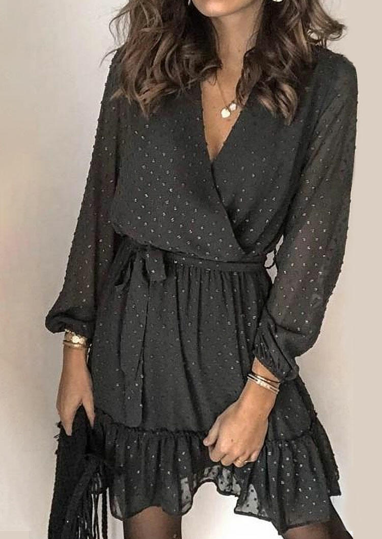 

Dotted Swiss V-Neck Wrap Elastic Cuff Mini Dress - Black, 487046
