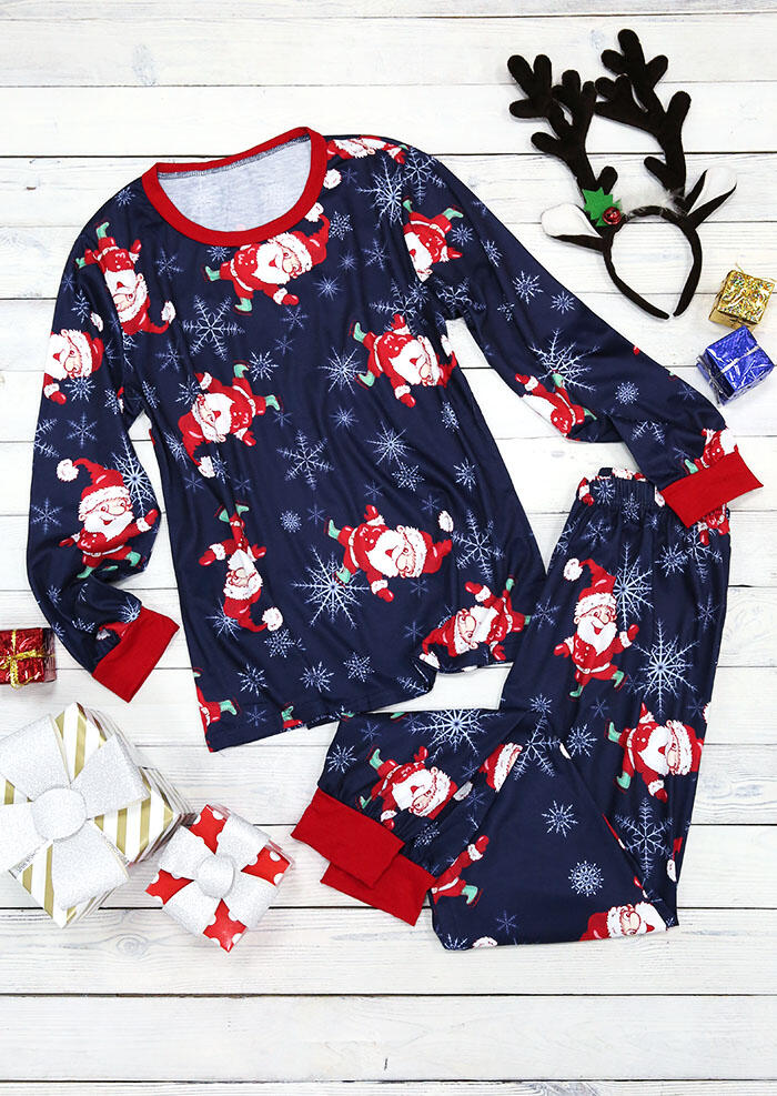 

Sleepwear Christmas Santa Snowflake Blouse And Elastic Waist Pants Pajamas Set in Navy Blue. Size