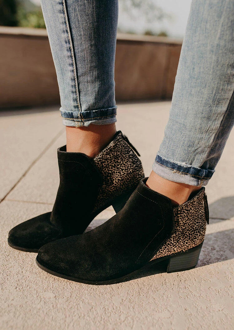 

Leopard Splicing Zipper Chunky Heel Ankle Boots, 487075