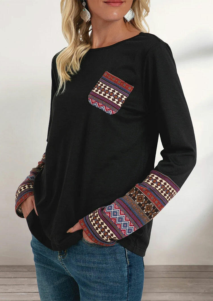 

Blouses Vintage Aztec Geometric Pocket O-Neck Blouse in Black. Size