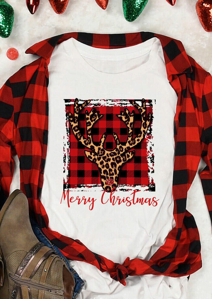 Merry Christmas Buffalo Plaid Leopard Reindeer T-Shirt Tee - White