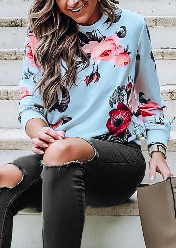 

Sweatshirts Floral Long Sleeve O-Neck Pullover Sweatshirt in Light Blue. Size