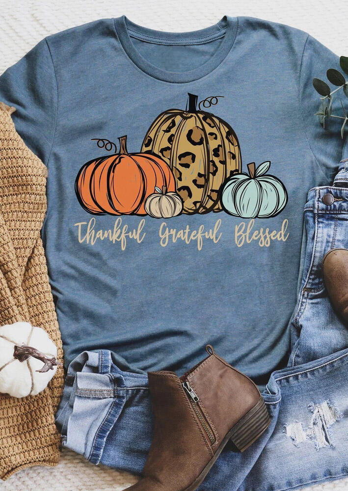 T-shirts Tees Thankful Grateful Blessed Leopard Pumpkin T-Shirt Tee in Blue. Size: L,M,S,XL