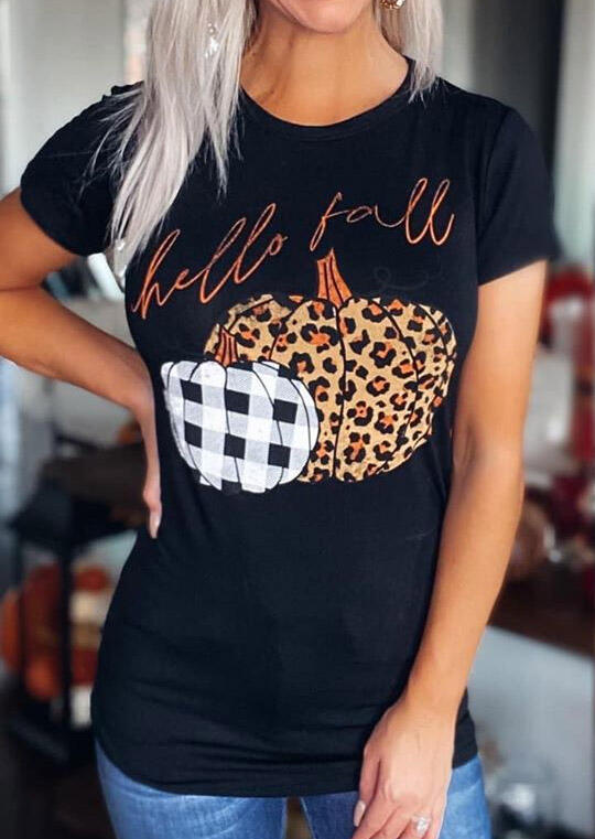 

Thanksgiving Leopard Plaid Pumpkin Hello Fall T-Shirt Tee - Black, 487129