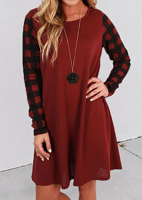 

Mini Dresses Buffalo Plaid Splicing O-Neck Mini Dress in Red. Size: ,M,L,XL