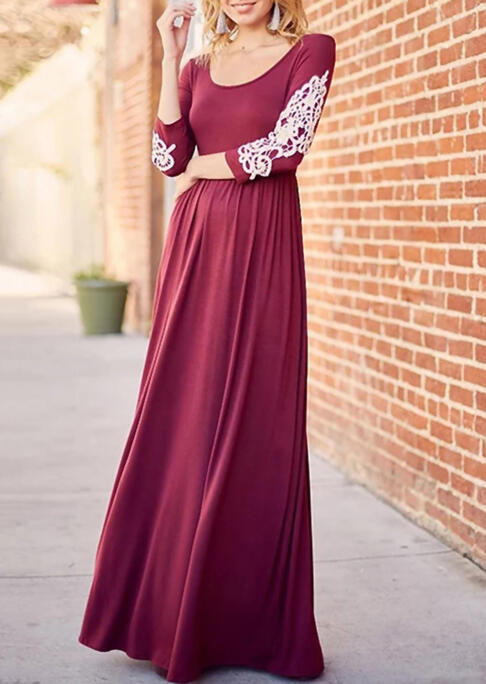 

Maxi Dresses Lace Splicing Ruffled Long Sleeve Maxi Dress in Burgundy. Size: S,M,,XL