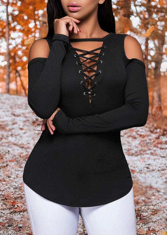 

Blouses Lace Up V-Neck Cold Shoulder Blouse in Black. Size