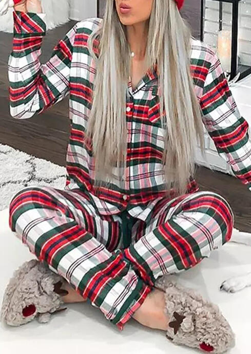 

Christmas Plaid Striped Button Shirt And Pants Two-Piece Set, 487193