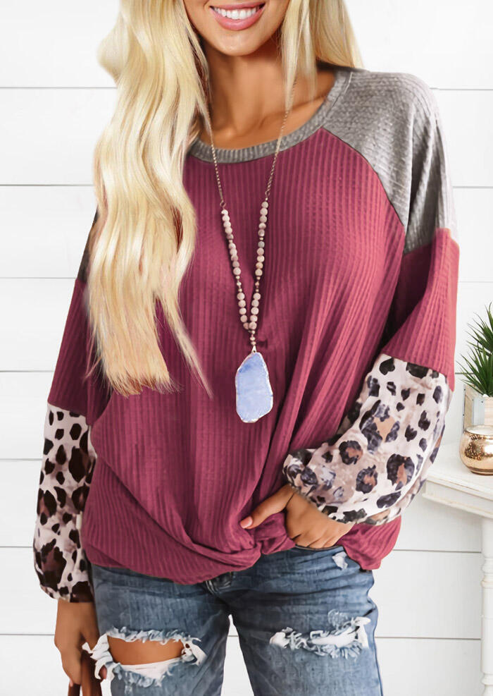 Leopard Waffle Splicing Twist O-Neck Blouse - Cameo Brown