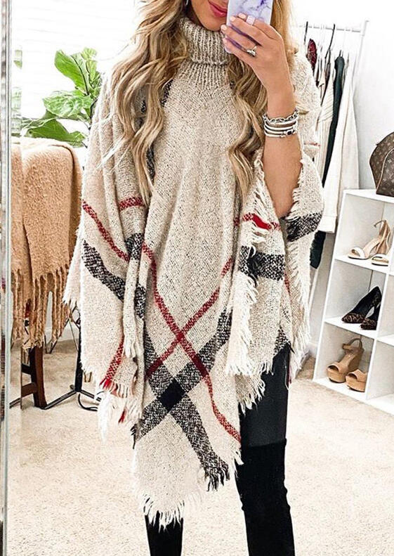 

Sweaters Plaid Tassel Asymmetric Turtleneck Cape Sweater in Multicolor. Size