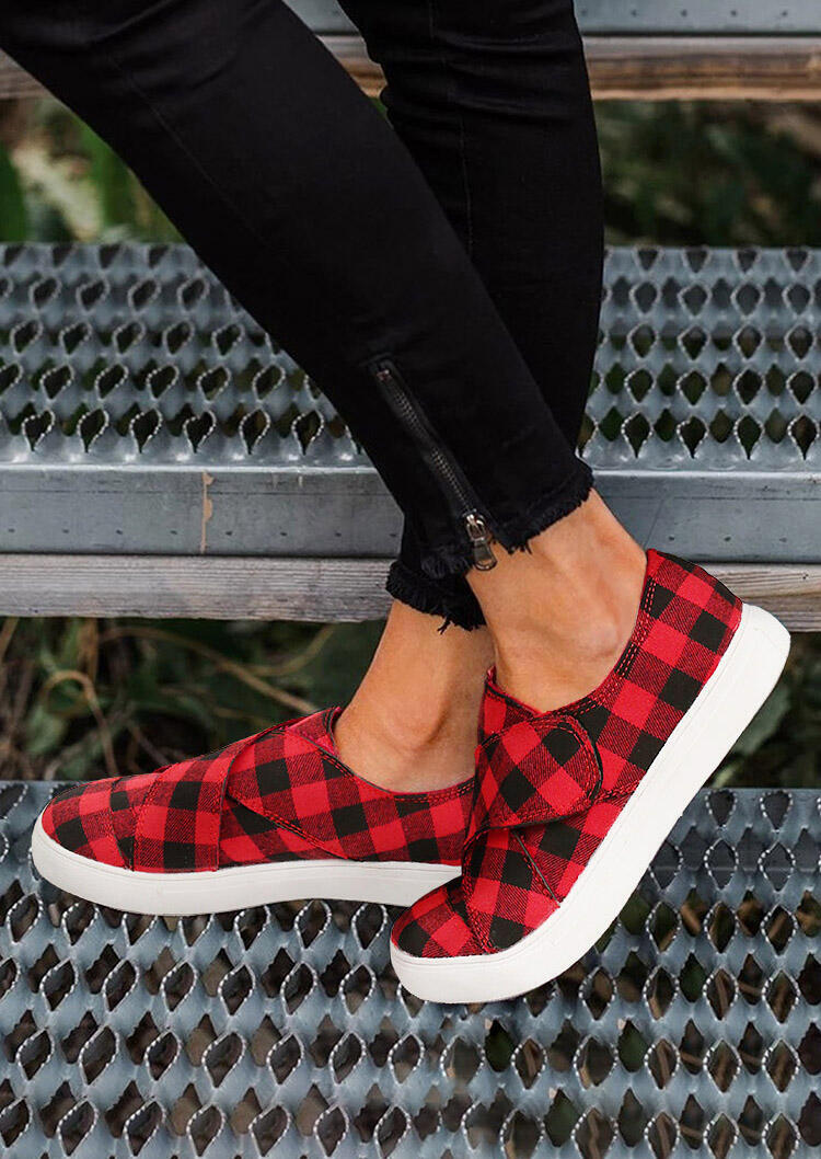 Buffalo Plaid Slip On Flat Round Toe Sneakers Red