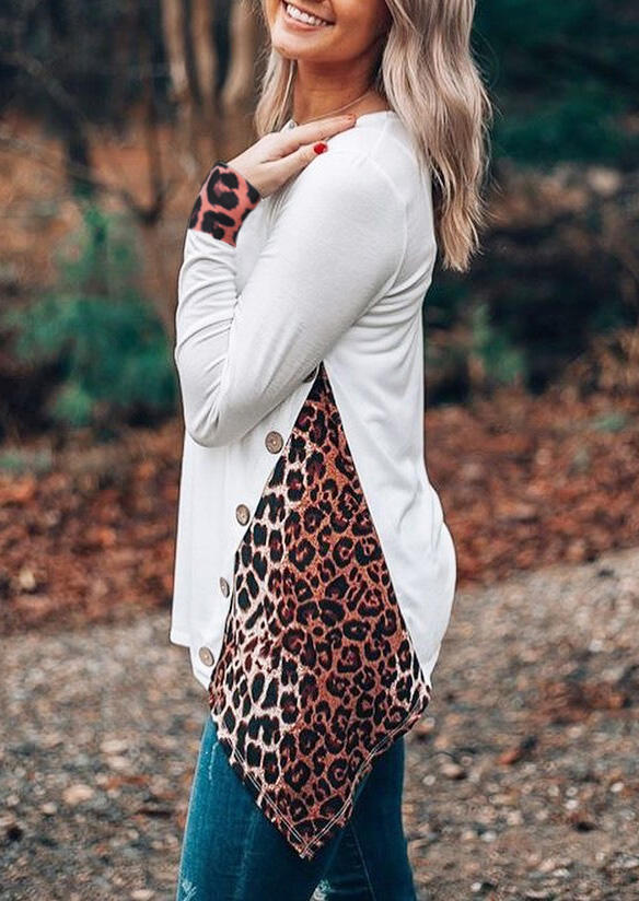 Asymmetric Leopard Splicing Button O-Neck Blouse - White