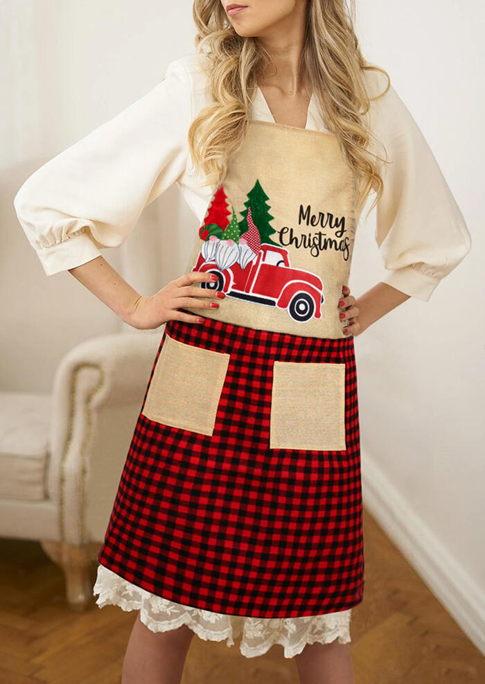 

Merry Christmas Gnomies Truck Plaid Floral Pocket Apron in Pattern1. Size