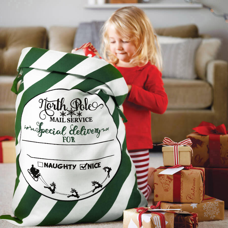 

Merry Christmas Personalised Striped Canvas Santa Sack, Green;red, 487100