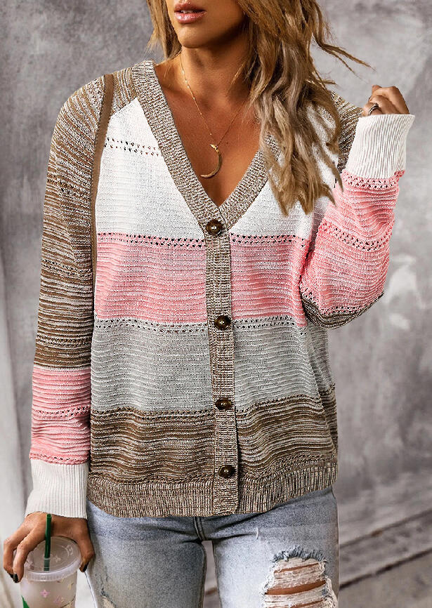 

Sweaters Color Block V-Neck Button Knitted Sweater in Multicolor. Size