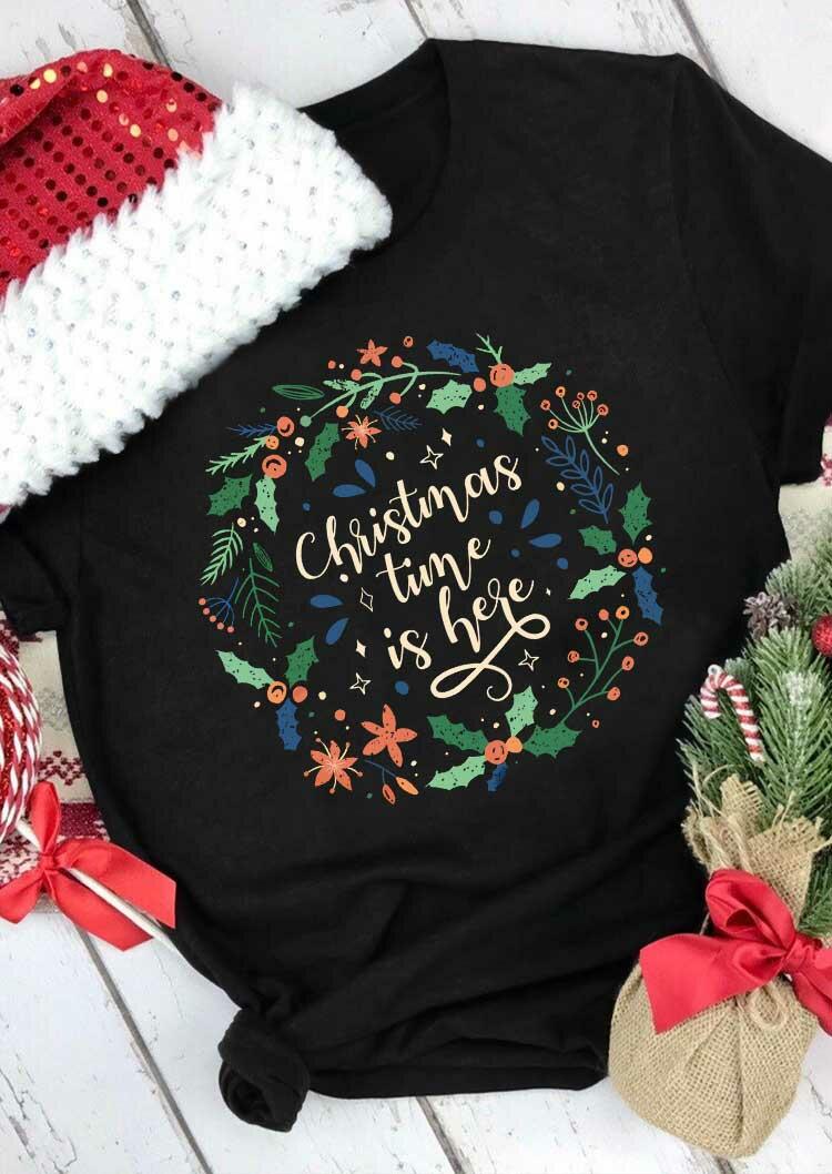 

T-shirts Tees Christmas Time Is Here Flower Leaf T-Shirt Tee in Black. Size: ,M,L,XL