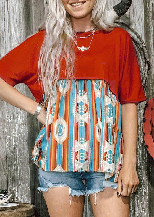 

Blouses Aztec Geometric Splicing O-Neck Blouse in Multicolor. Size