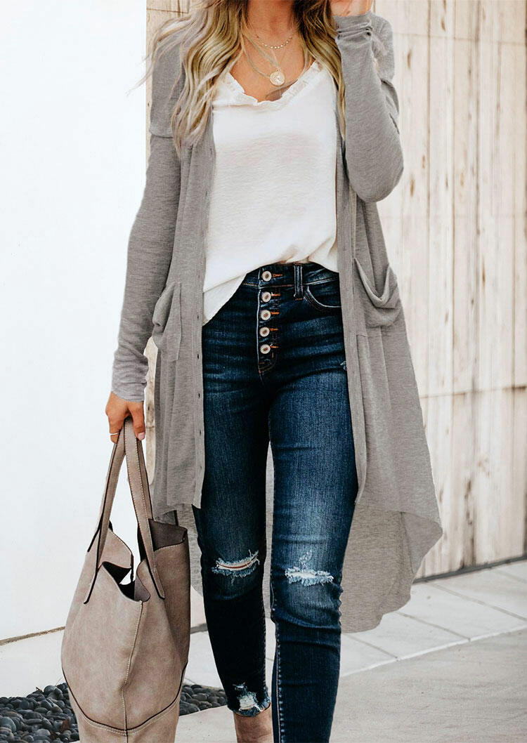 

Cardigans Pocket Button Asymmetric Long Sleeve Cardigan in Gray. Size