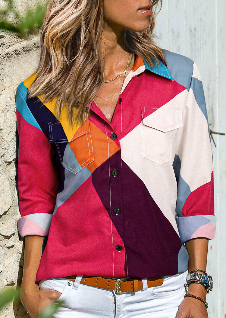 

Shirts Color Block Pocket Button Long Sleeve Shirt in Multicolor. Size