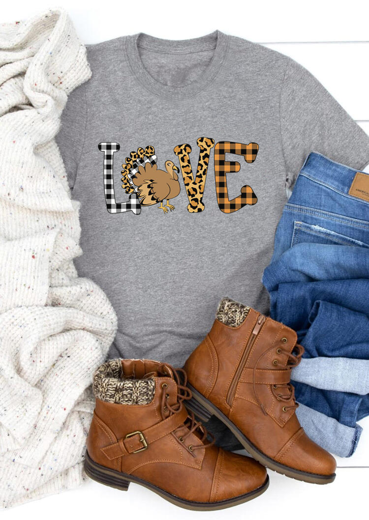 

Tees T-shirts Thanksgiving Love Leopard Turkey Plaid T-Shirt Tee in Gray. Size