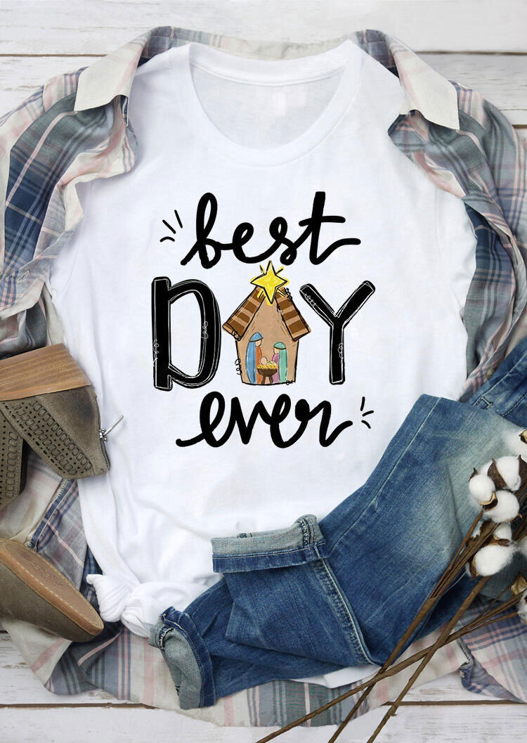 

Tees T-shirts Christian Best Day Ever Nativity Scene T-Shirt Tee in White. Size: S,M,,XL