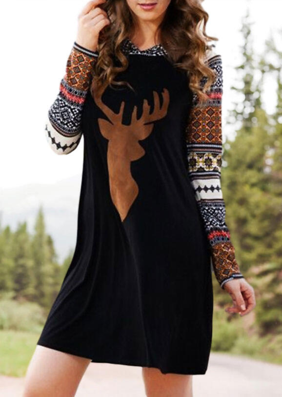 

Christmas Reindeer Aztec Geometric Hooded Mini Dress - Black, 487261