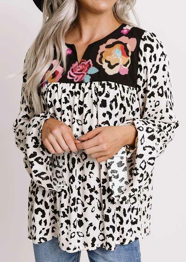 

Leopard Floral Splicing V-Neck Flare Sleeve Blouse, 487264
