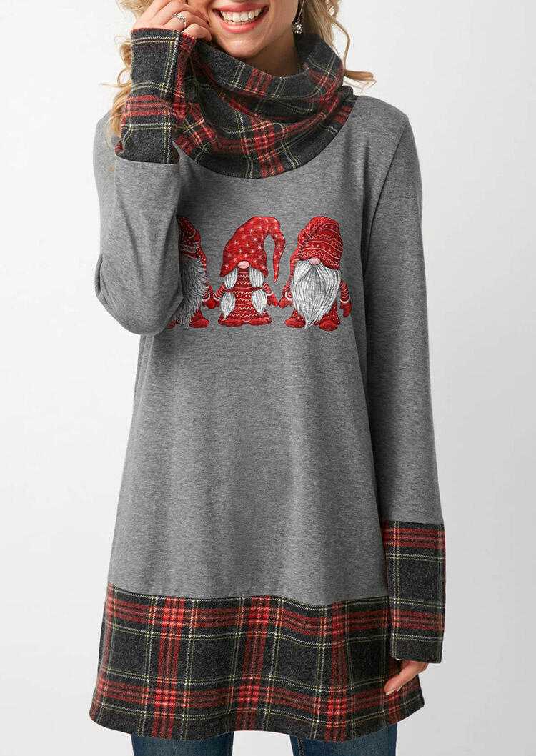 

Christmas Gnomies Plaid Splicing Long Sleeve Blouse - Gray, 487271