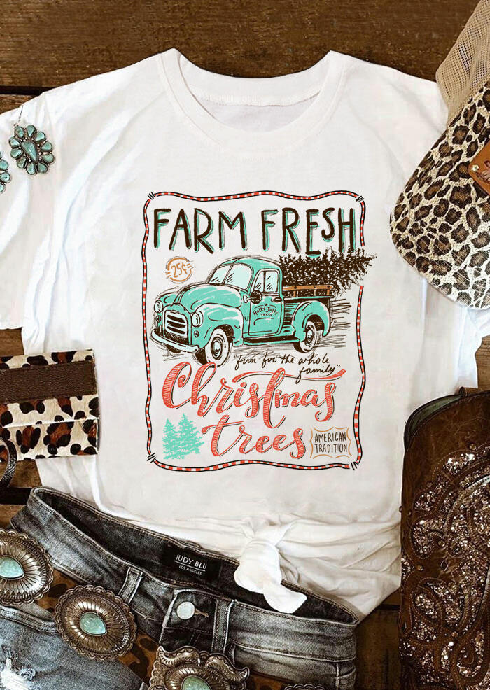 

Tees T-shirts Farm Fresh Christmas Trees Leopard Truck T-Shirt Tee in White. Size