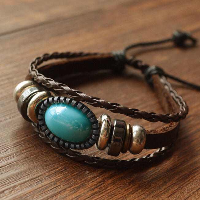 

Bracelet Vintage Turquoise Multi-Layered Braided Bracelet in Dark Brown. Size