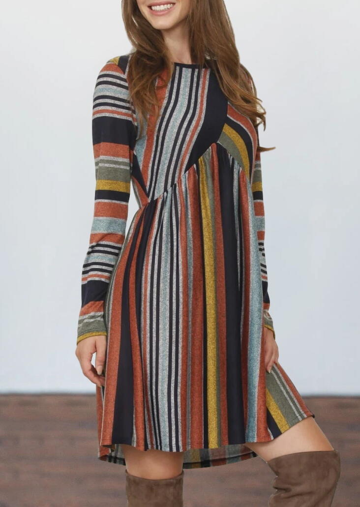 

Colorful Striped Long Sleeve O-Neck Mini Dress, Multicolor, 487305