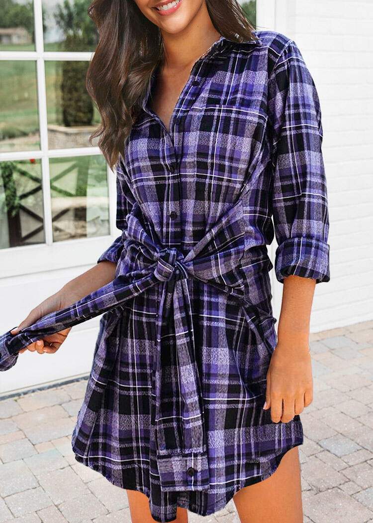 

Plaid Front Tie Button Pocket Mini Shirt Dress, 487307