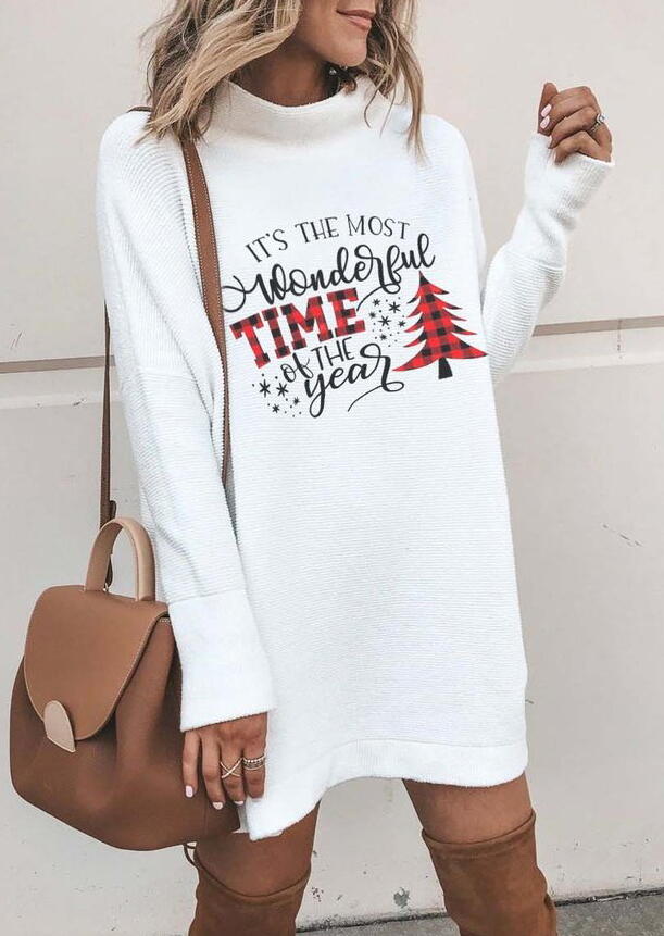 

Christmas Tree Plaid Snowflake Wonderful Time Mini Dress - White, 487309