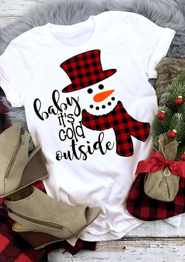 Christmas Baby It's Cold Outside Plaid Snowman T-Shirt Tee - White