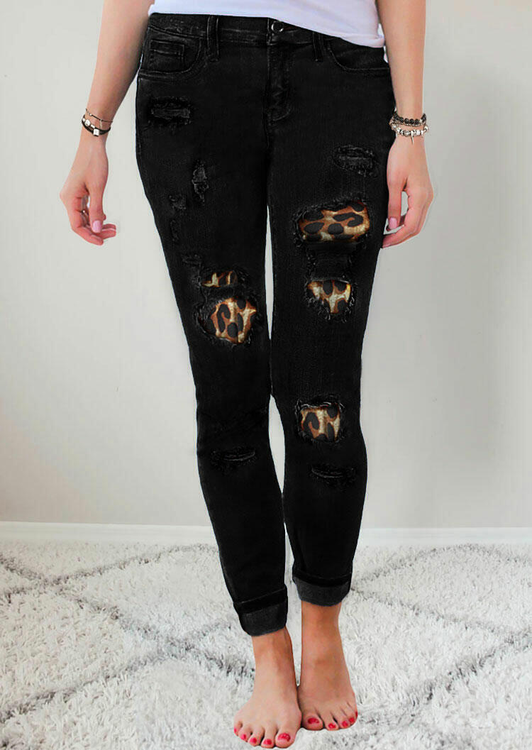 Ripped Leopard Patch Pocket High Waist Skinny Jeans - Black