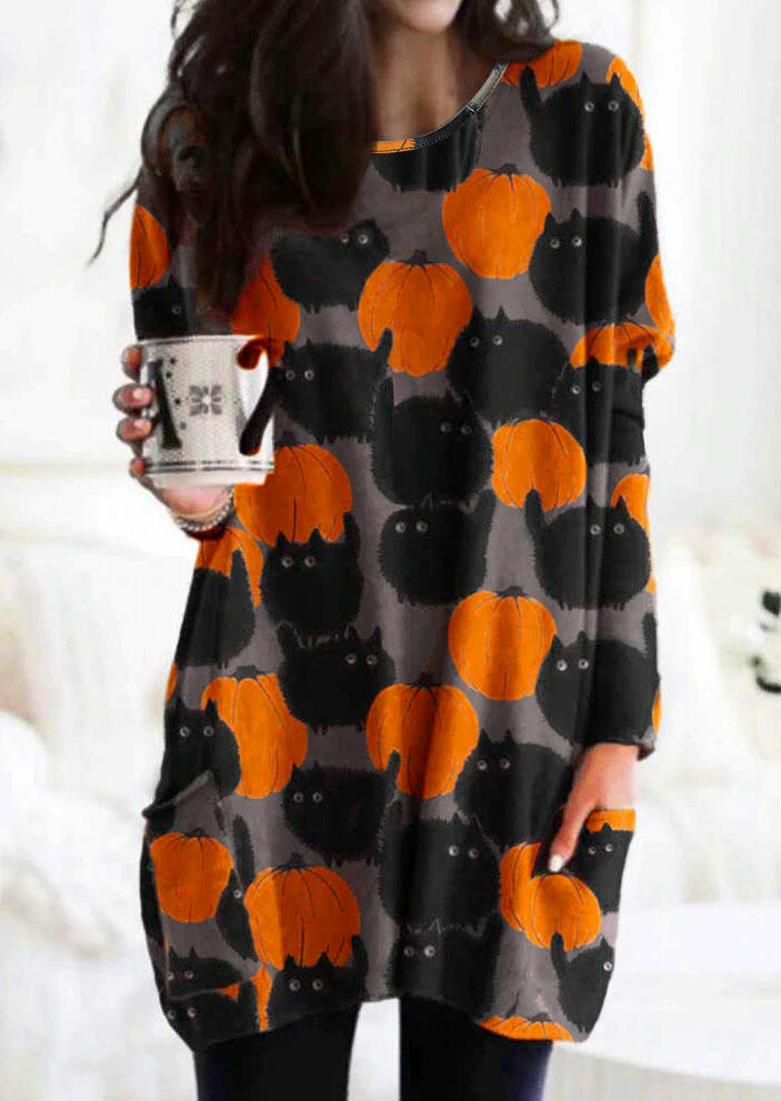 

Halloween Black Cat Pumpkin Pocket O-Neck Mini Dress, Multicolor, 487049