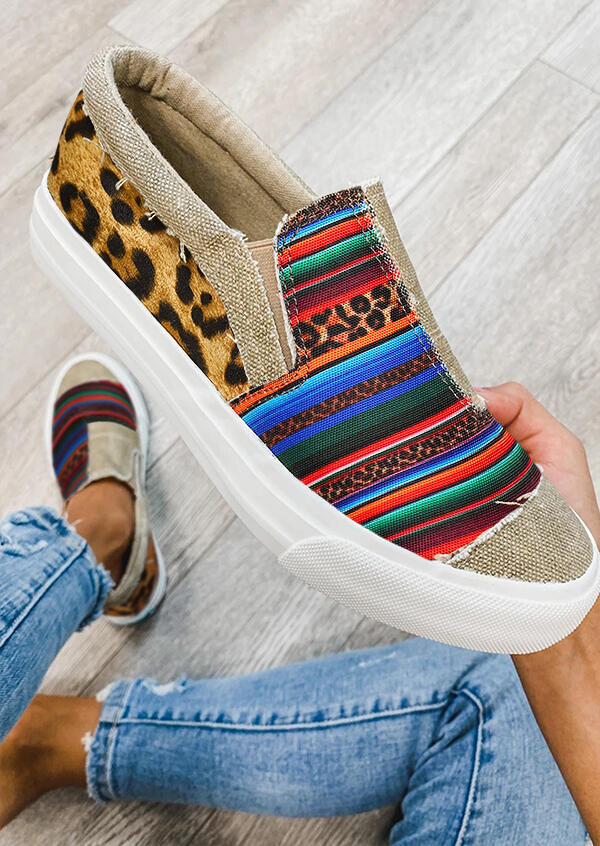 

Leopard Serape Striped Splicing Flat Canvas Sneakers, Multicolor, 487140
