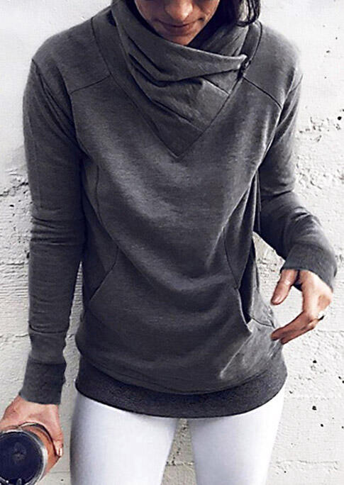 

Sweatshirts Pocket Zipper Cowl Neck Long Sleeve Sweatshirt in Dark Grey. Size