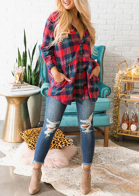 

Plaid Ruffled Pocket Button Asymmetric Long Sleeve Shirt, 487214