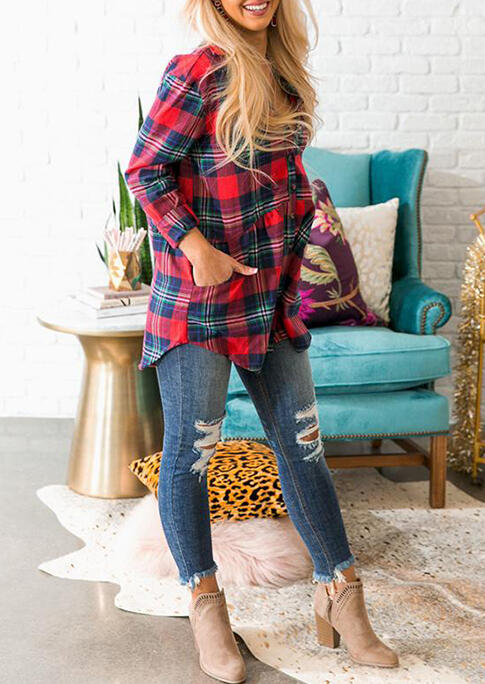 

Shirts Plaid Ruffled Pocket Button Asymmetric Long Sleeve Shirt in Plaid. Size: ,M,L,XL