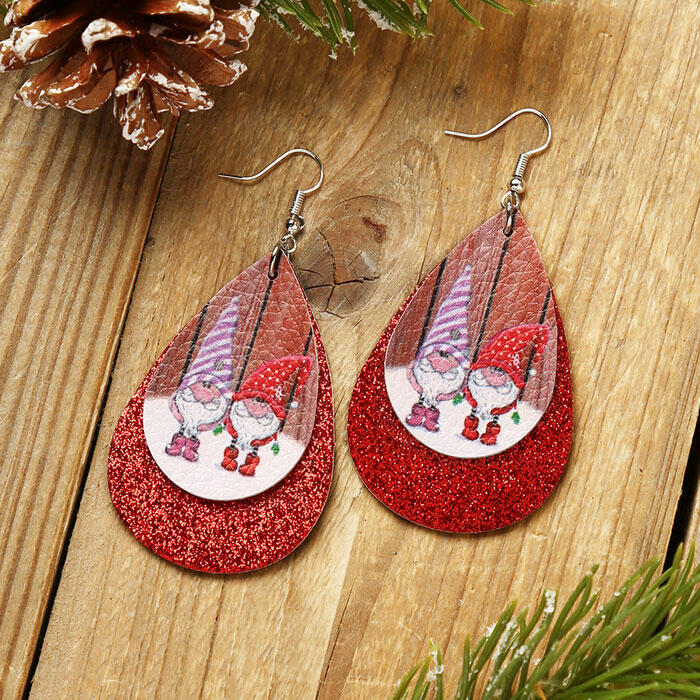 Christmas Gnomies Sequined Dual-Layered Leather Earrings