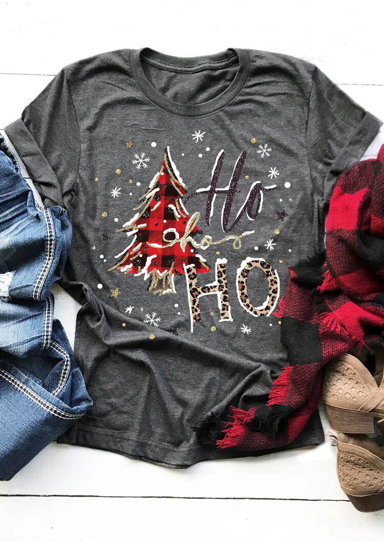 

Christmas Tree Snowflake Plaid Leopard Ho Ho Ho T-Shirt Tee - Dark Grey, 487260