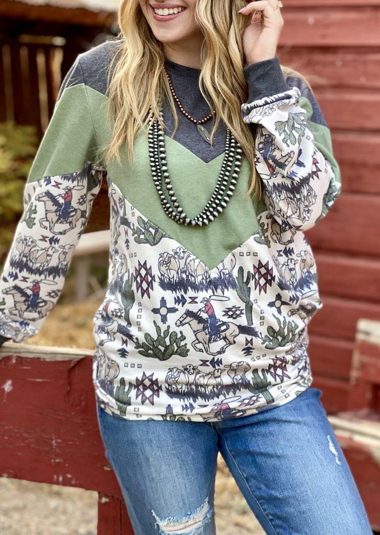 

Western Cowboy Rodeo Cactus Color Block Blouse, Multicolor, 487301