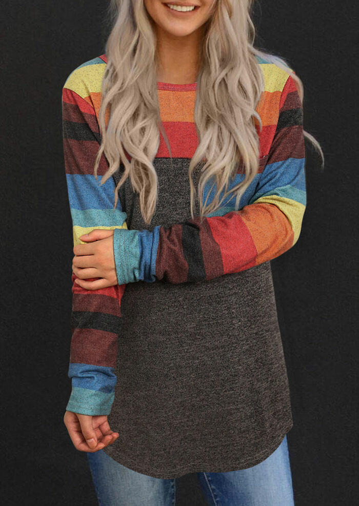 

Colorful Striped Splicing Pocket Long Sleeve Blouse, Multicolor, 487304