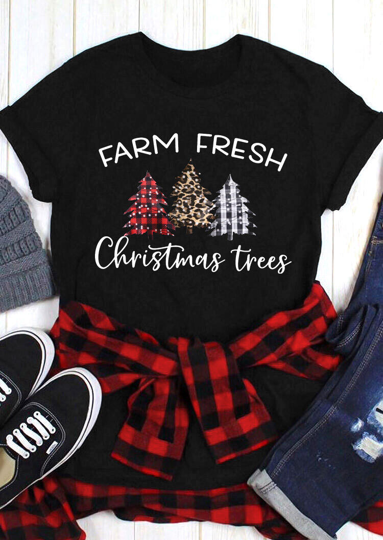 Farm Fresh Plaid Leopard Christmas Trees T-Shirt Tee - Black