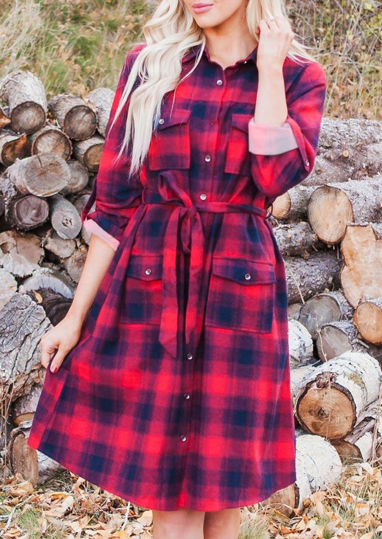 

Mini Dresses Plaid Single Button Pocket Mini Dress in Red. Size