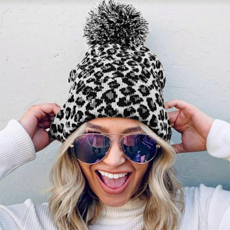

Leopard Winter Warm Knitted Hairball Hat, White;khaki, 487318